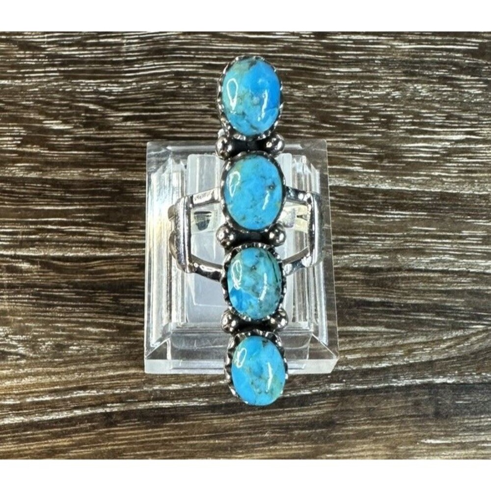 Native Southwest Style Sterling Silver Kingman Turquoise Elongated Ring Sz 7.5